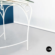 Carica l&#39;immagine nel visualizzatore di Gallery, Garden chairs and table in white wrought iron, glass and fabric, 1960s
