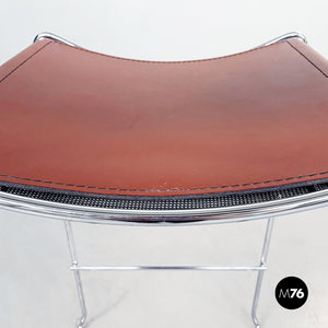 Brown leather and steel high stool, 1980s