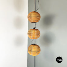 Load image into Gallery viewer, Rattan chandelier with 3 spherical lampshade, 1960s
