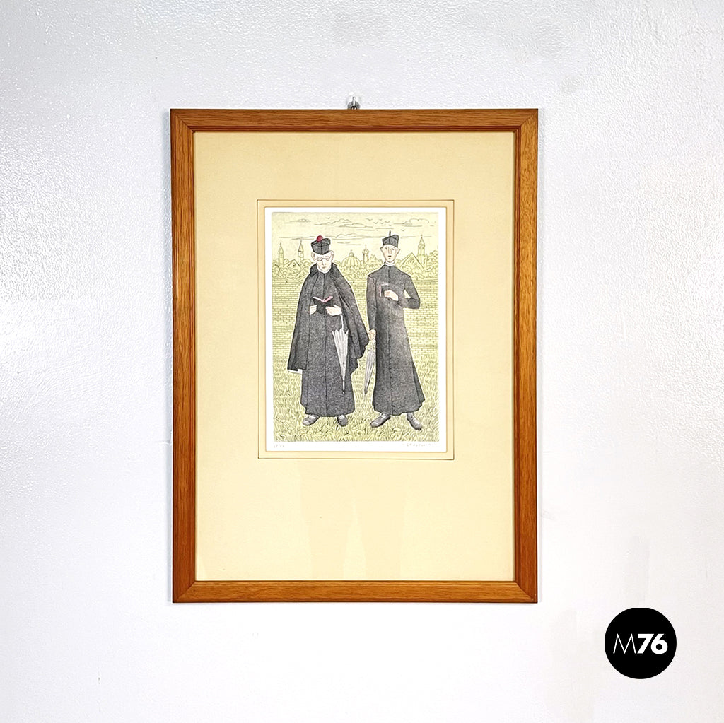 Engraving print with color of two priests by Gianfilippo Usellini, 1900-1970s