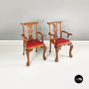 Wooden chairs with red leather, 1900s