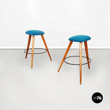 Load image into Gallery viewer, Stools in wood, iron and blue fabric, 1960s
