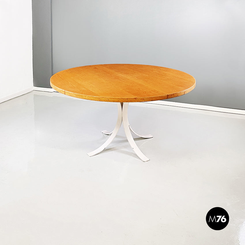Round dining table in white metal and wood, 1970s