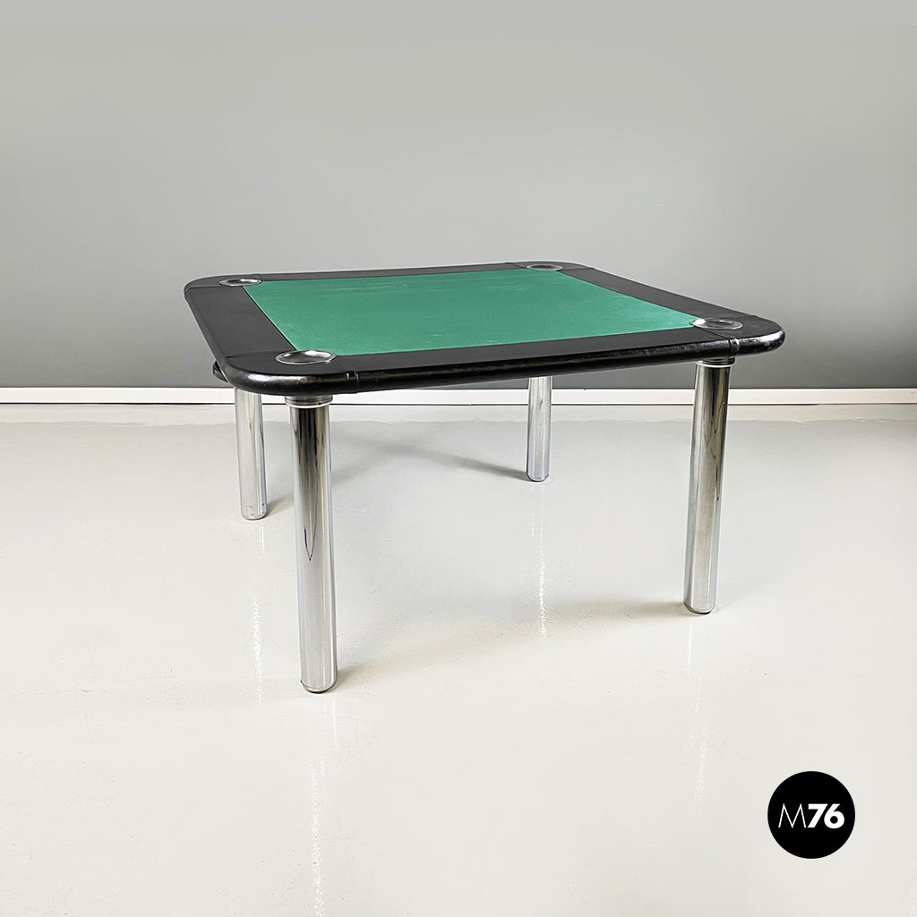 Game table in green fabric, black leather and chromed steel, 1970s