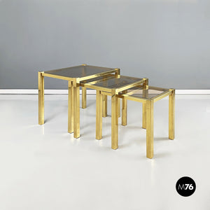 Coffe tables in brass and smoked glass, 1970s