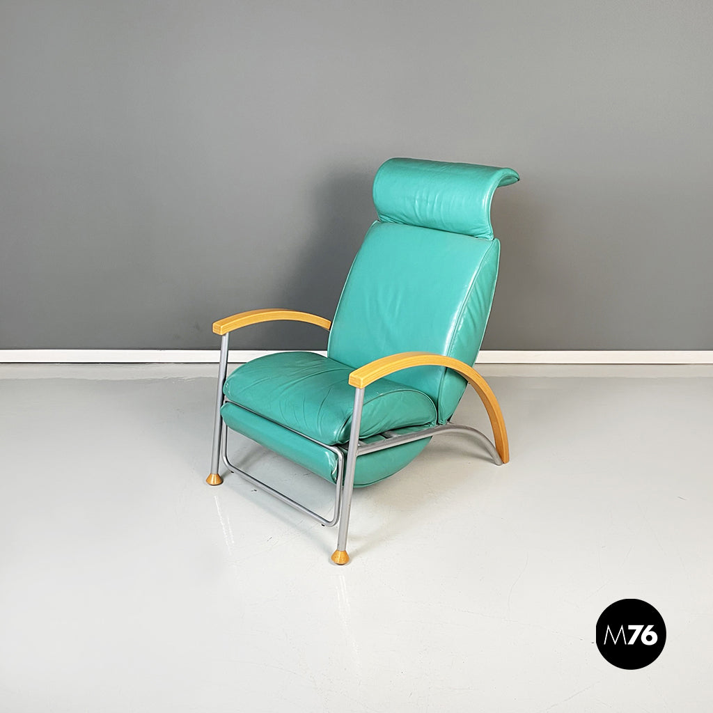 Armchair in aqua-green leather, wood and metal, 1980s