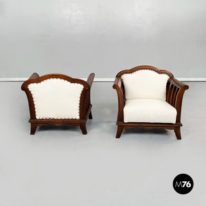 Wooden armchairs with white fabric, 1940s