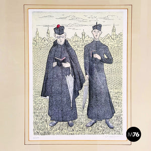 Engraving print with color of two priests by Gianfilippo Usellini, 1900-1970s