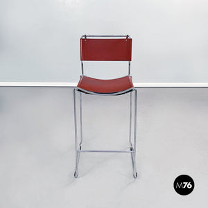 Brown leather and steel high stool, 1980s