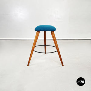 Stools in wood, iron and blue fabric, 1960s