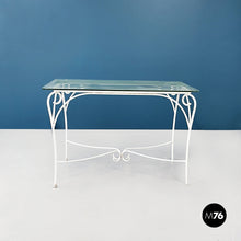 Carica l&#39;immagine nel visualizzatore di Gallery, Garden chairs and table in white wrought iron, glass and fabric, 1960s
