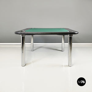 Game table in green fabric, black leather and chromed steel, 1970s