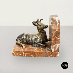 Marble and brass bookends with deer, 1900s