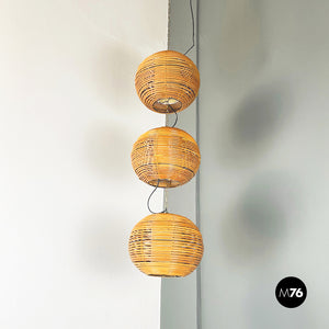 Rattan chandelier with 3 spherical lampshade, 1960s