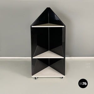 Angular bookcase in black lacquered and white wood, 1980s