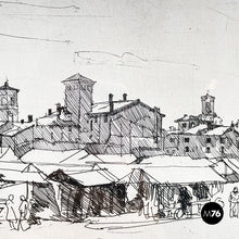 Charger l&#39;image dans la galerie, Engraving print of Bologna market by Paolo Manaresi, 1945
