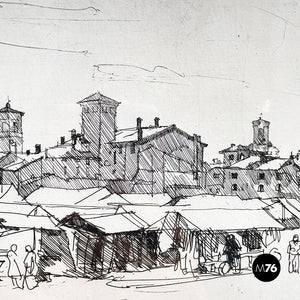 Engraving print of Bologna market by Paolo Manaresi, 1945