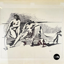 Load image into Gallery viewer, Silk-screen print on paper of two women and a musician, 1900-1980s
