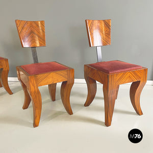 Art deco chairs in solid wood, black metal and red fabric, 1920-1930s