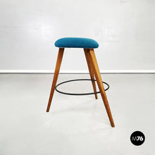 Load image into Gallery viewer, Stools in wood, iron and blue fabric, 1960s
