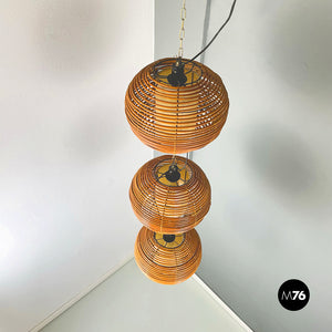 Rattan chandelier with 3 spherical lampshade, 1960s