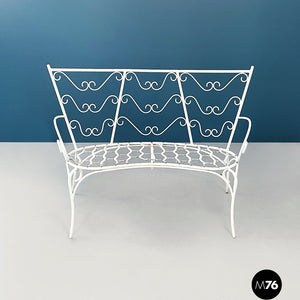 Garden bench in white wrought iron and fabric, 1960s