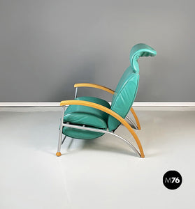 Armchair in aqua-green leather, wood and metal, 1980s
