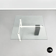 将图片加载到图库查看器，Square coffee table in glass, iron and marquinia marble, 1980s
