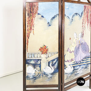 Three-door screen hand painted on fabric and wood, early 1900s