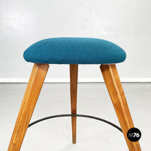 Load image into Gallery viewer, Stools in wood, iron and blue fabric, 1960s
