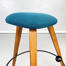 Load image into Gallery viewer, Stools in wood, iron and blue fabric, 1960s
