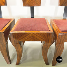 将图片加载到图库查看器，Art deco chairs in solid wood, black metal and red fabric, 1920-1930s
