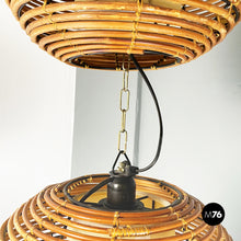 Load image into Gallery viewer, Rattan chandelier with 3 spherical lampshade, 1960s
