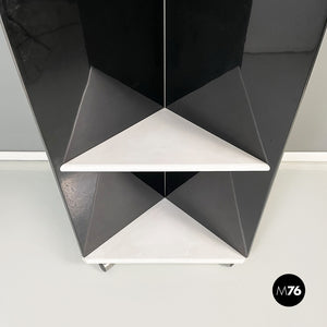 Angular bookcase in black lacquered and white wood, 1980s