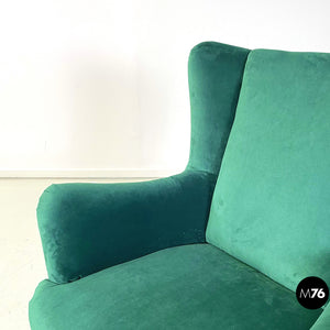 Armchairs in forest green velvet and wooden legs, 1950s