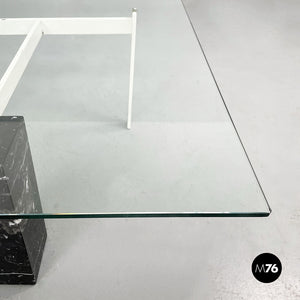 Square coffee table in glass, iron and marquinia marble, 1980s