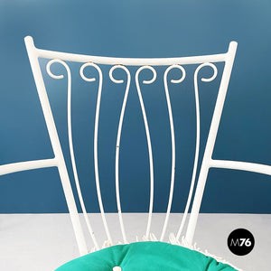 Garden chairs and table in white wrought iron, glass and fabric, 1960s