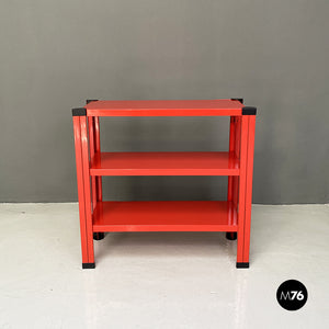 Red three-shelf metal bookcase, 1980s