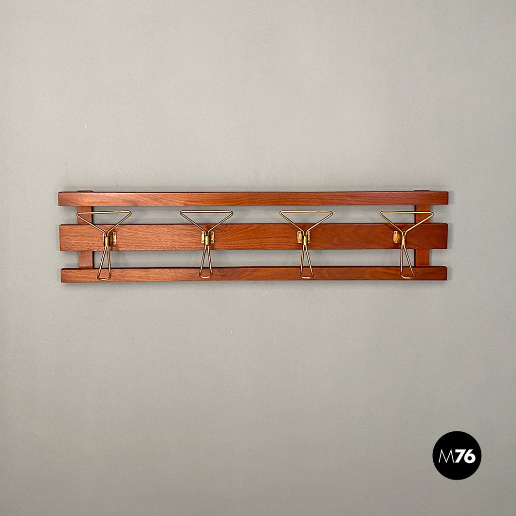 Wood and brass wall coat hanger, 1960s