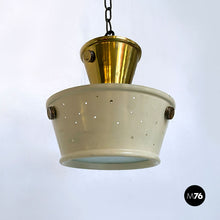 Load image into Gallery viewer, Brass and perforated metal pair of chandeliers by Arredoluce, 1950s
