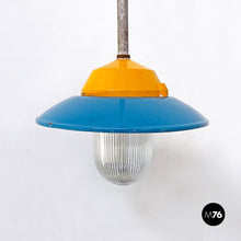 Load image into Gallery viewer, Blue and yellow metal chandelier by Palazzoli, 1950s

