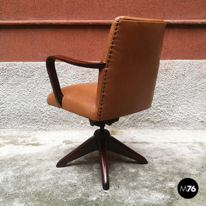 Wood and leather swivel office armchair, 1960s