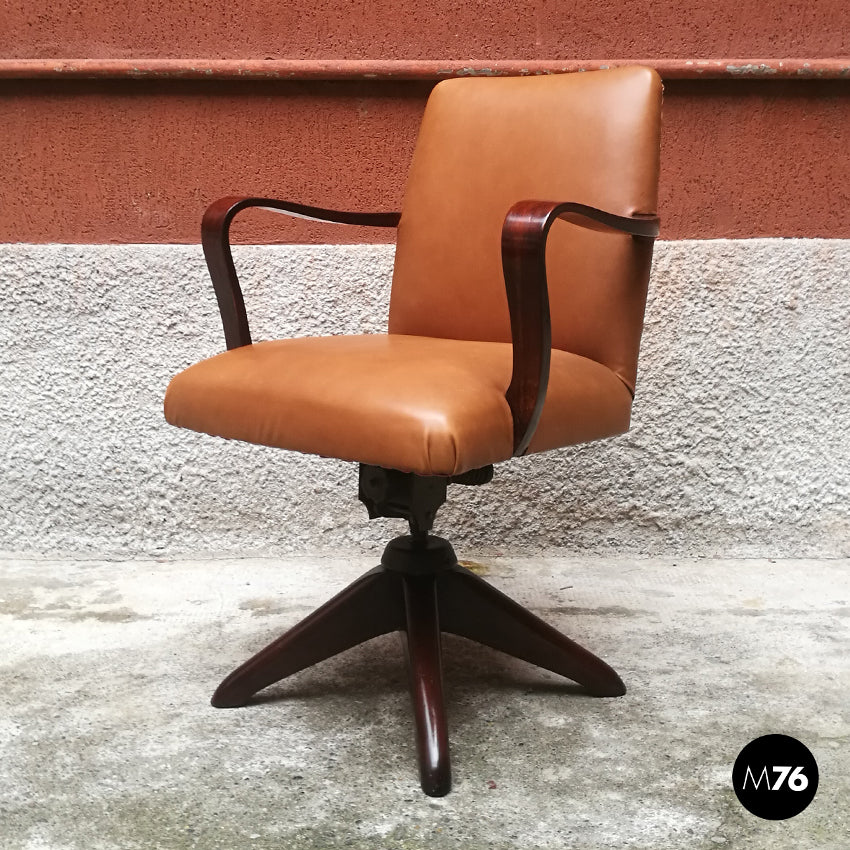 Wood and leather swivel office armchair, 1960s