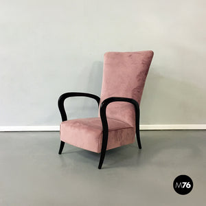 Pink velvet and wood armchair, 1950s