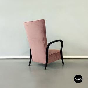 Pink velvet and wood armchair, 1950s