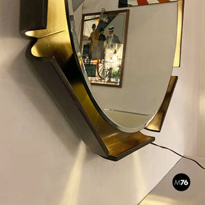 Octagonal solid wood frame backlit round mirror, 1970s