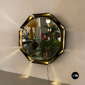 Octagonal solid wood frame backlit round mirror, 1970s