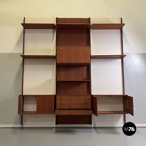 Teak and brass modular wall bookcase with cabinets, 1960s