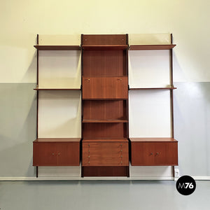 Teak and brass modular wall bookcase with cabinets, 1960s