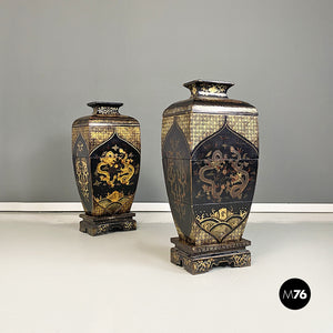 Oriental black wood vases or sculptures with decorations, 1950s